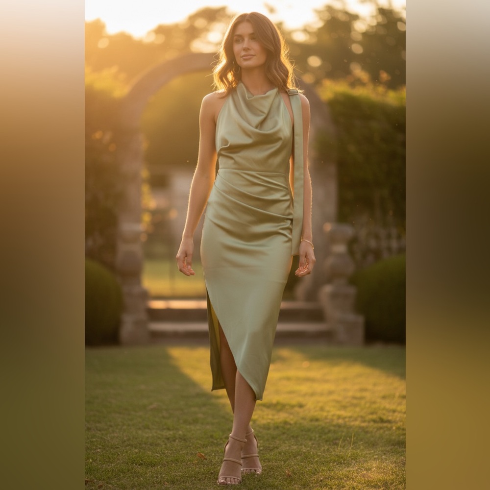 ASOS DESIGN Tall halter drape detail midi dress with buckle in sage